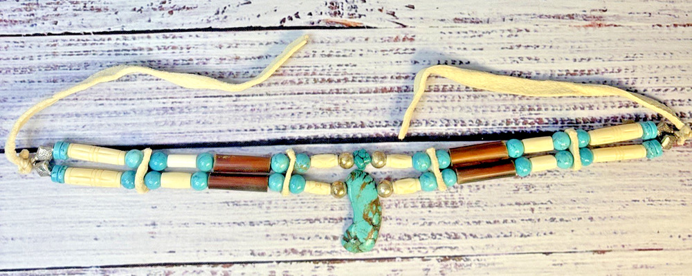Native American Style Bone Tube Choker Beaded Turquoise Western Tribal Necklace